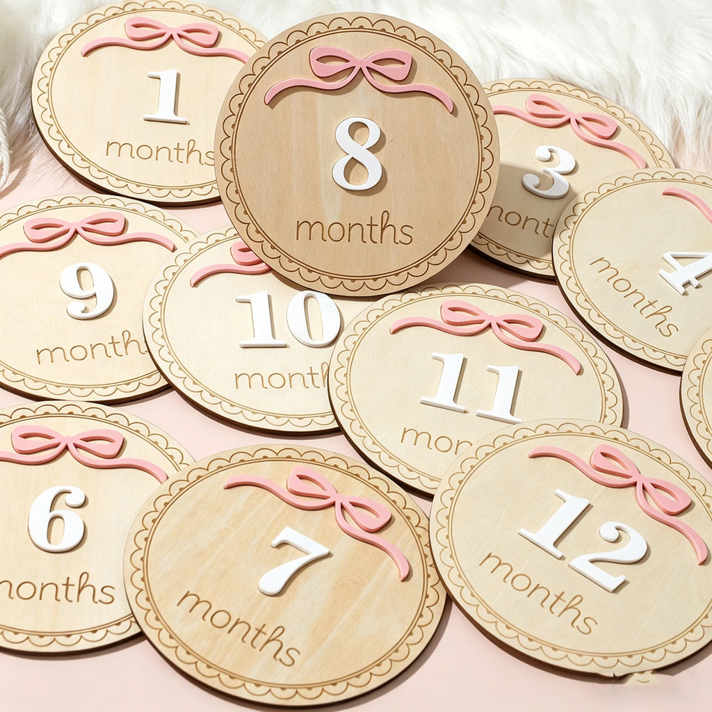 Ylsteed Newborn Photography 1-12 Months Baby Milestone Wooden Discs Pink Bow 3D Engraved Photo Props Keepsake Cards Shower -HD
