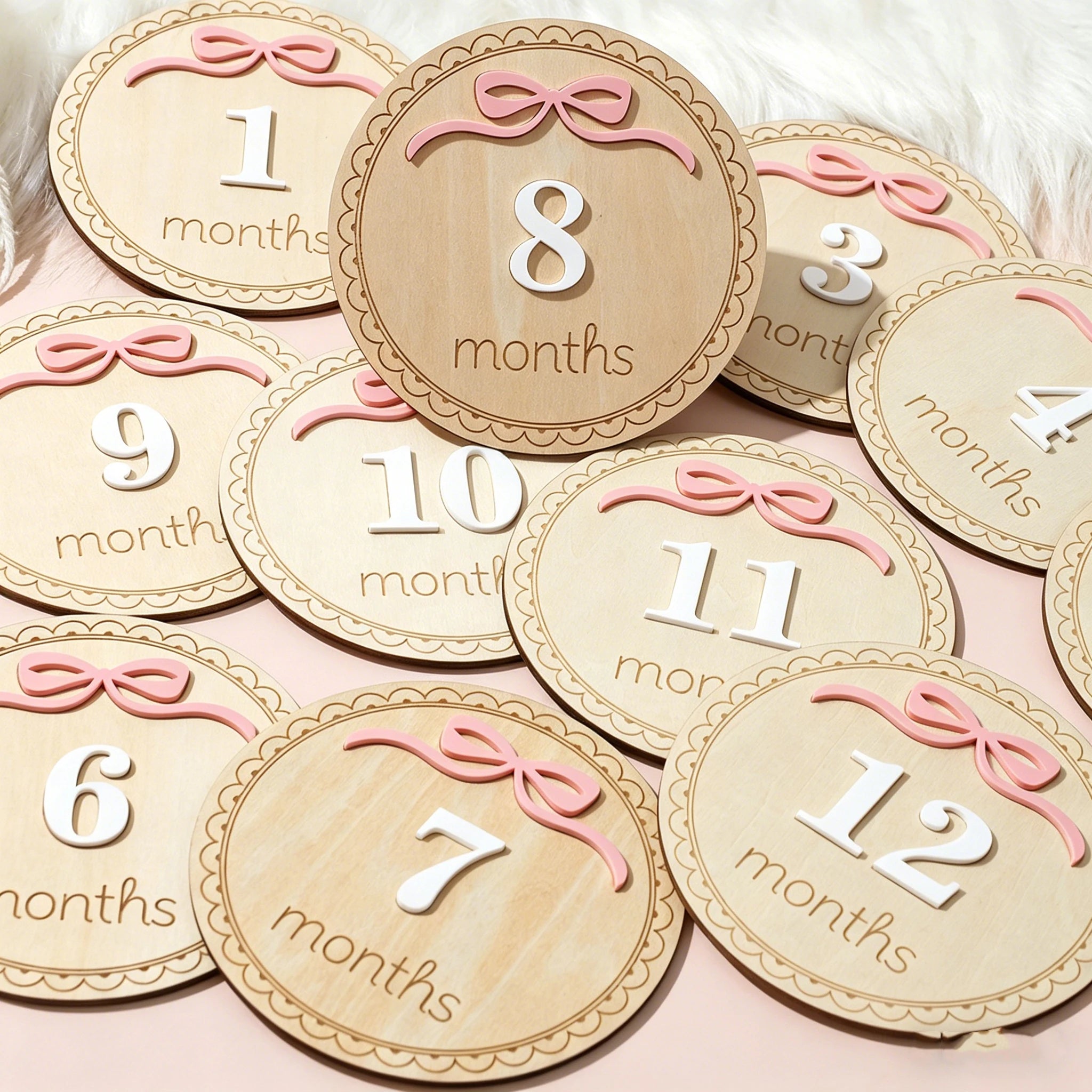 Ylsteed Newborn Photography 1-12 Months Baby Milestone Wooden Discs Pink Bow 3D Engraved Photo Props Keepsake Cards Shower -HD