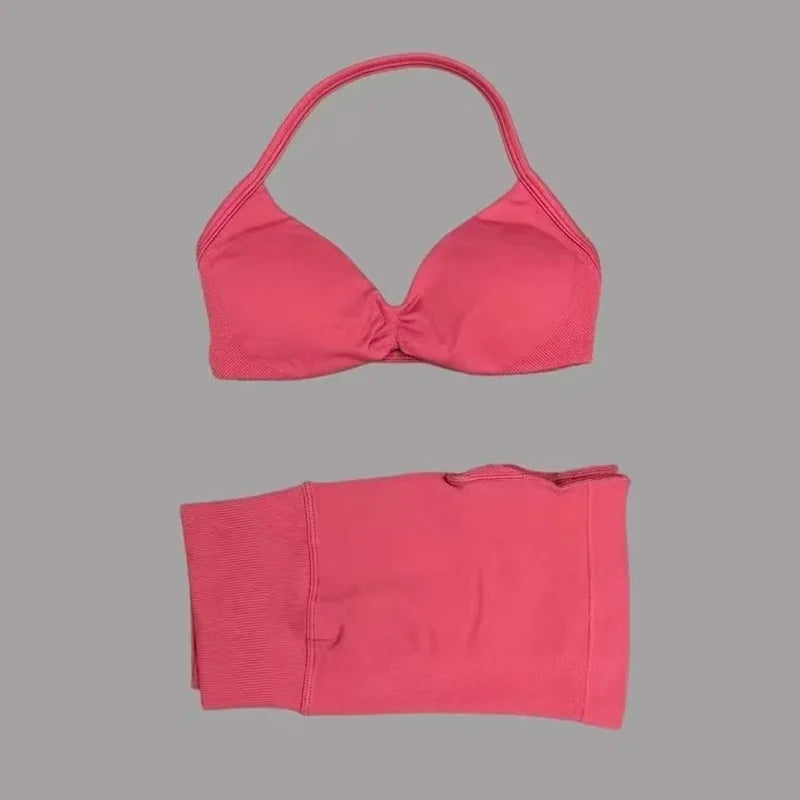 HISTELLO Gym Set 2 Piece Women Strappy Yoga Bra Top Workout Scrunch Shorts Sports Suit Fitness Clothes Seamless Yoga Set