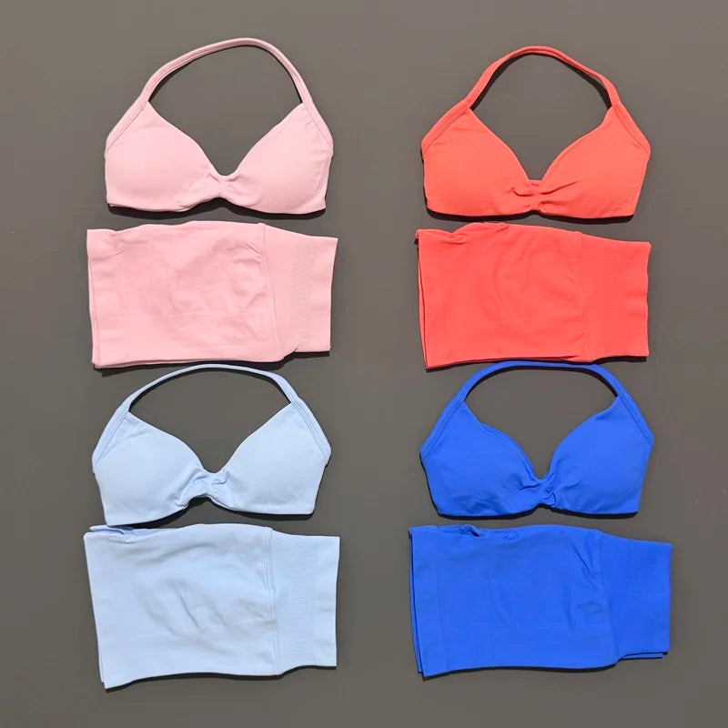 HISTELLO Gym Set 2 Piece Women Strappy Yoga Bra Top Workout Scrunch Shorts Sports Suit Fitness Clothes Seamless Yoga Set