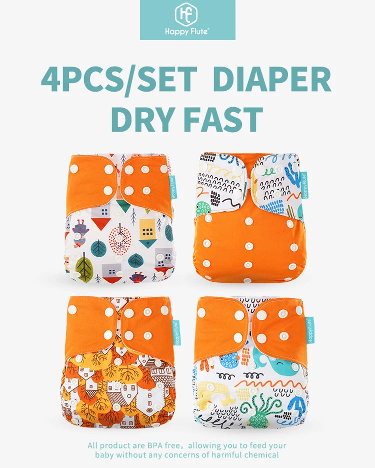 Happyflute New Desig Hot Sale 4Pcs OS Pocket Diaper Washable&Reusable Absorbent Ecological Diaper Cover Adjustable Baby Nappy