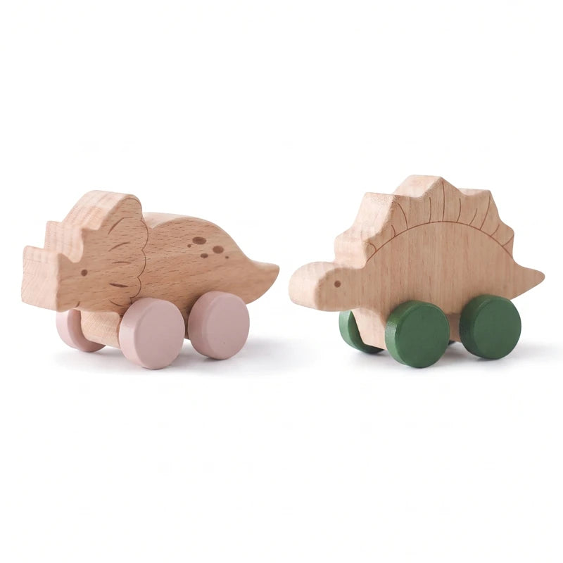 Dinosaur Cartoon Car Montessori Wooden Teether Toy for Infants Toddlers - Sensory Developmental Pretend Play Baby Teething Toy