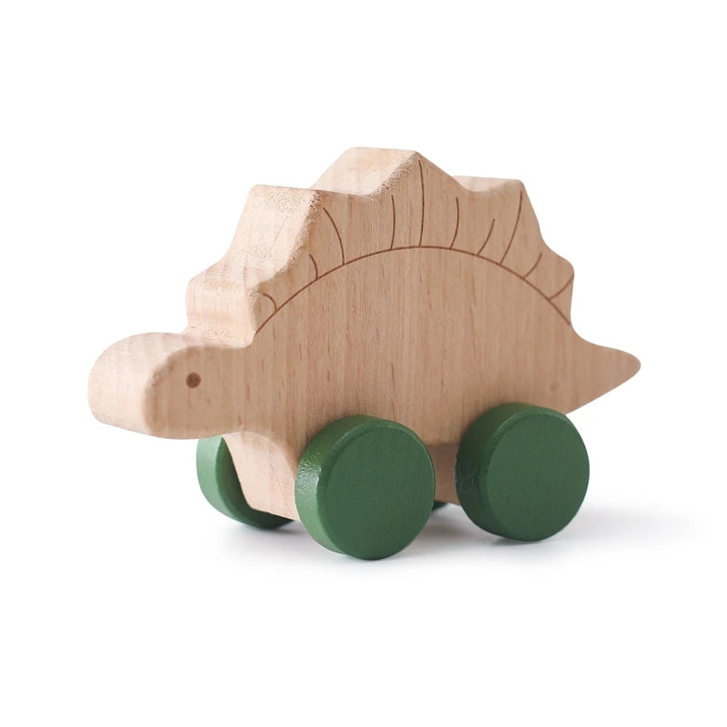 Dinosaur Cartoon Car Montessori Wooden Teether Toy for Infants Toddlers - Sensory Developmental Pretend Play Baby Teething Toy