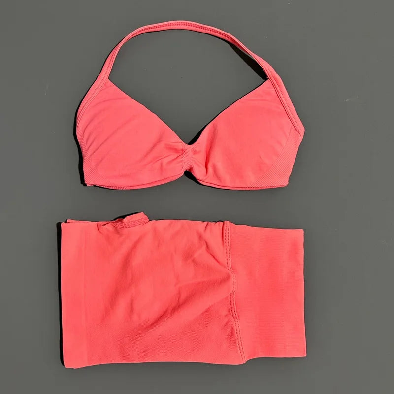HISTELLO Gym Set 2 Piece Women Strappy Yoga Bra Top Workout Scrunch Shorts Sports Suit Fitness Clothes Seamless Yoga Set