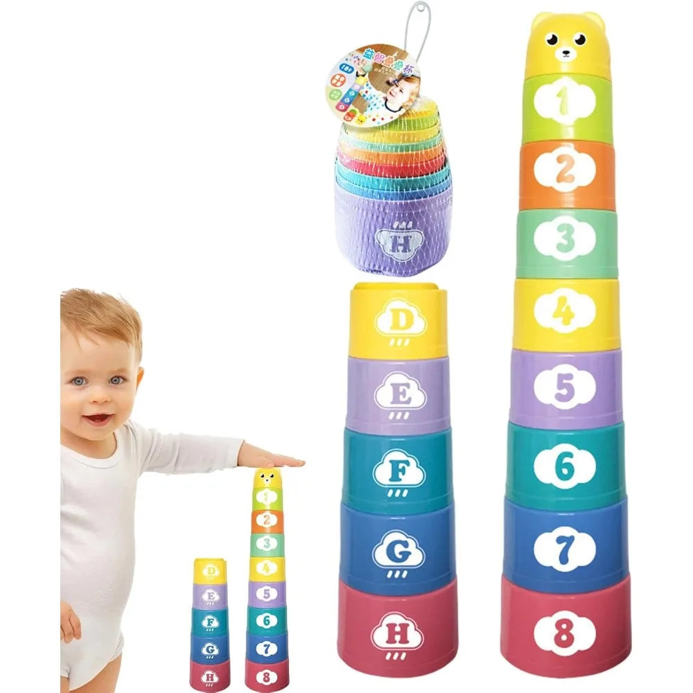9PCS Stacking Cups Early Education Puzzle Stackable Rainbow Tower with Numbers Letters Shapes Fold Cup Child Stack Game
