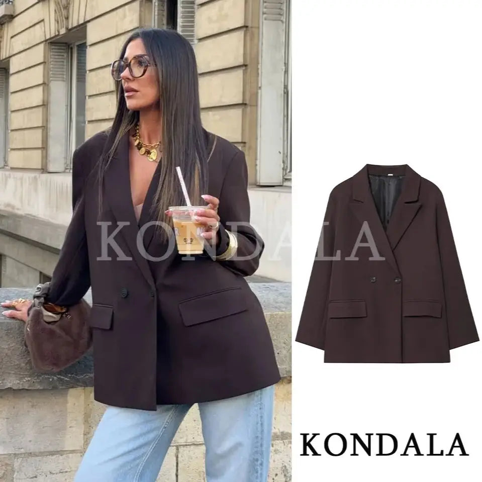 KONDALA Elegant Commute Double-breasted Blazer Women Vintage Brown Buttons Blazer 2026 Spring Summer Trendy Office Lady Blazer