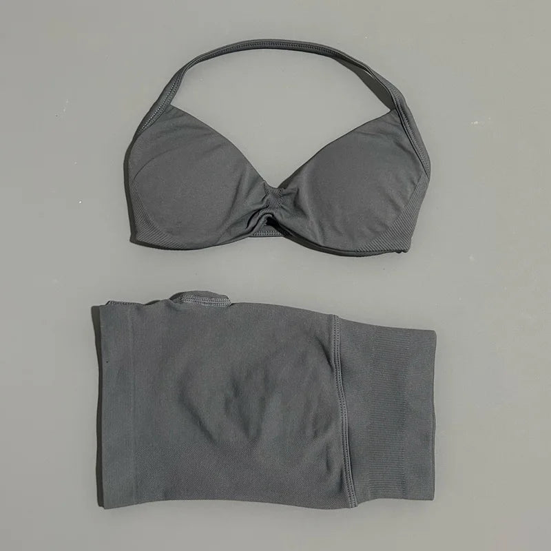 HISTELLO Gym Set 2 Piece Women Strappy Yoga Bra Top Workout Scrunch Shorts Sports Suit Fitness Clothes Seamless Yoga Set