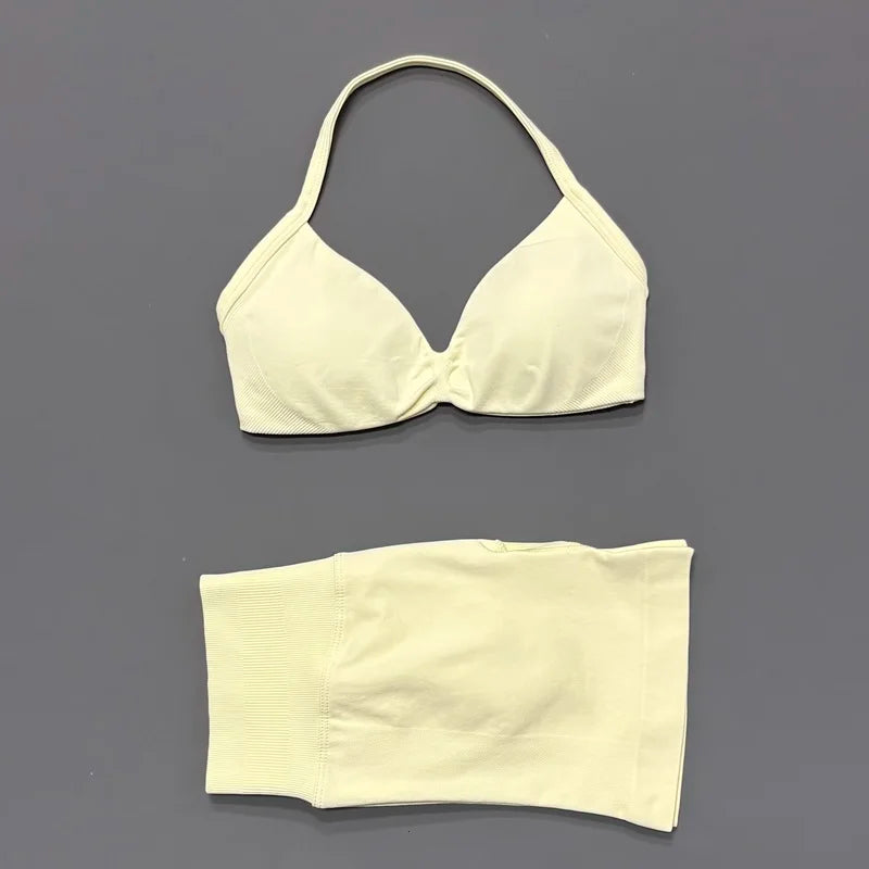 HISTELLO Gym Set 2 Piece Women Strappy Yoga Bra Top Workout Scrunch Shorts Sports Suit Fitness Clothes Seamless Yoga Set