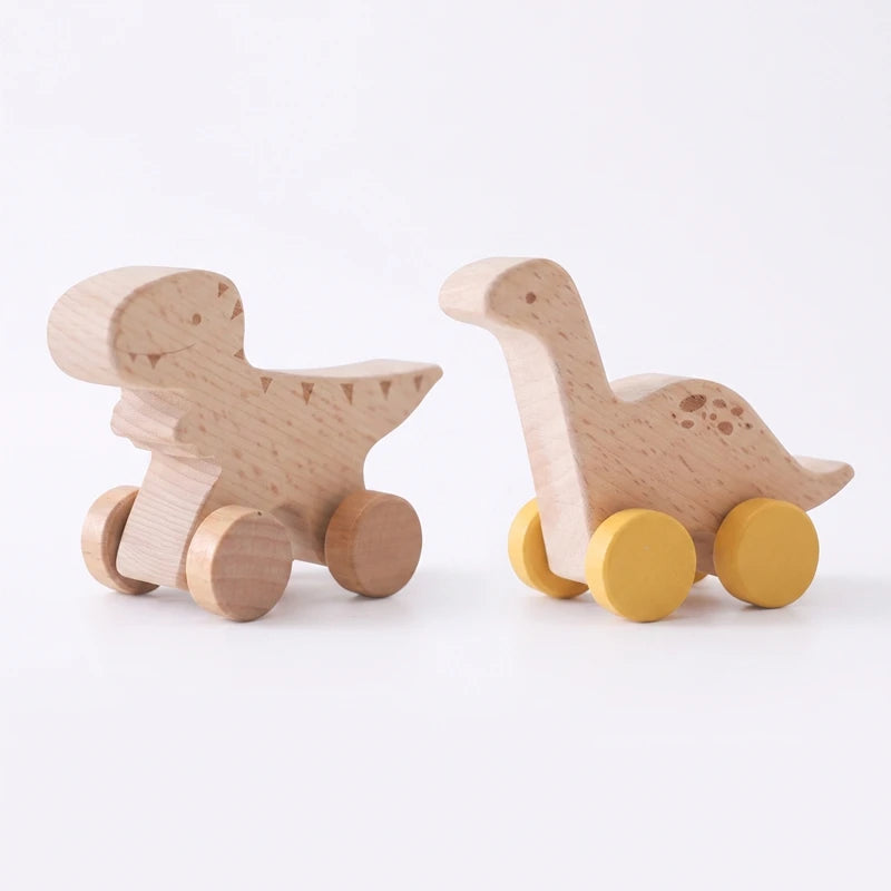 Dinosaur Cartoon Car Montessori Wooden Teether Toy for Infants Toddlers - Sensory Developmental Pretend Play Baby Teething Toy