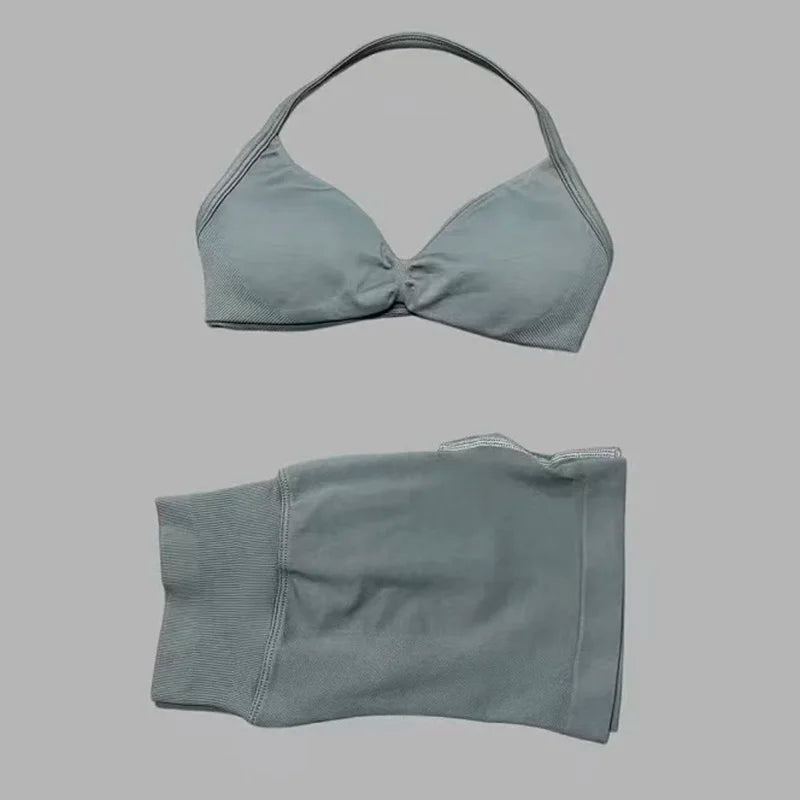 HISTELLO Gym Set 2 Piece Women Strappy Yoga Bra Top Workout Scrunch Shorts Sports Suit Fitness Clothes Seamless Yoga Set