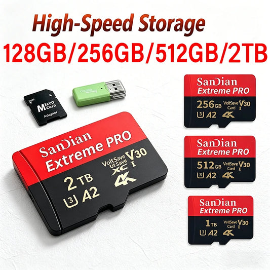 Class 10 U3 V30 Waterproof Memory SD Cards with USB Adapter 128GB 512GB High Speed Micro TF/SD Card for Phone Laptop Camera