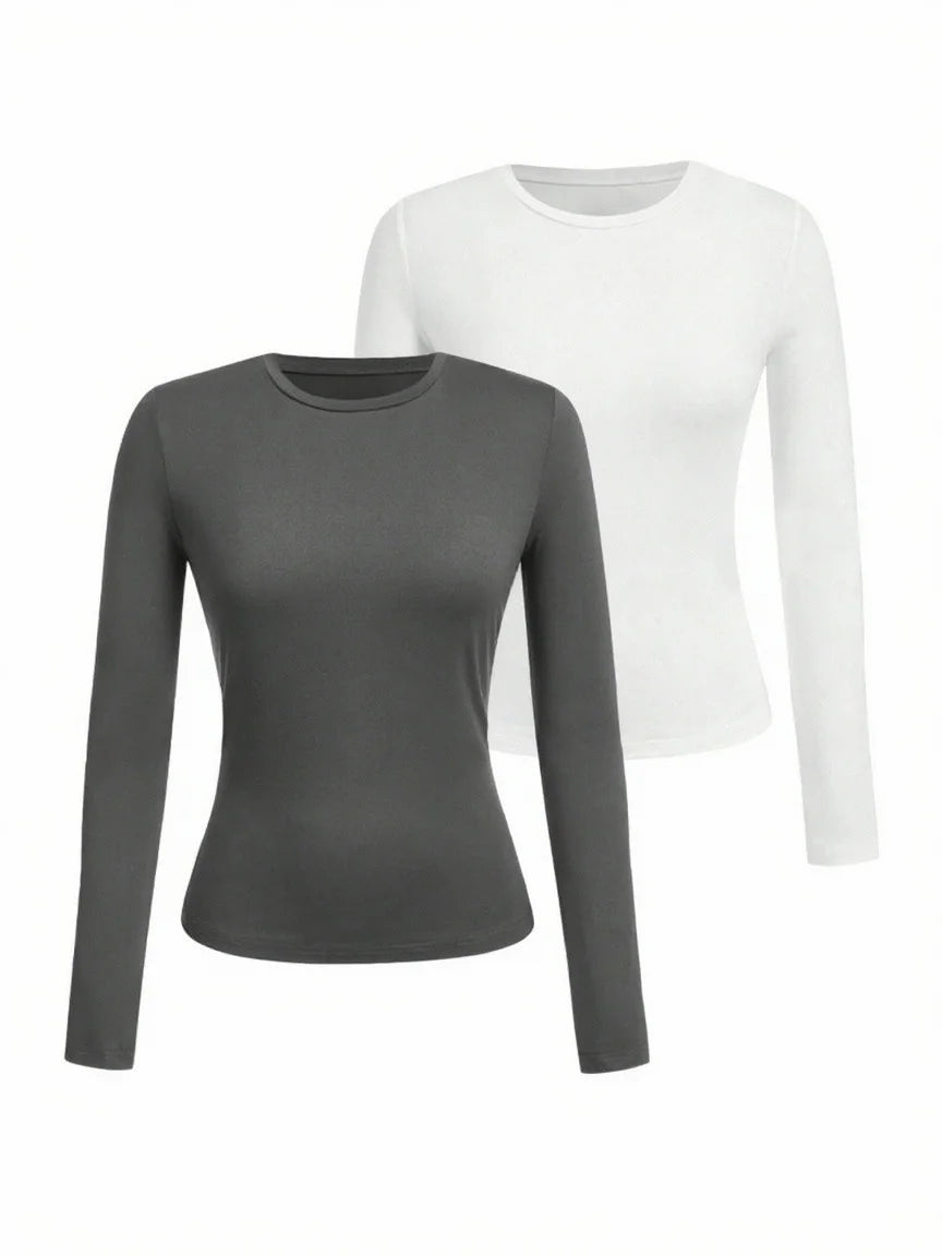 Women's solid-color long-sleeved T-shirt - Polyester knitted fabric, round neck, regular fit, fall-winter style