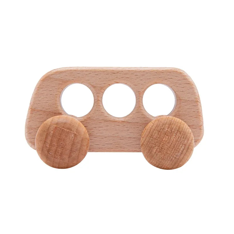 Dinosaur Cartoon Car Montessori Wooden Teether Toy for Infants Toddlers - Sensory Developmental Pretend Play Baby Teething Toy