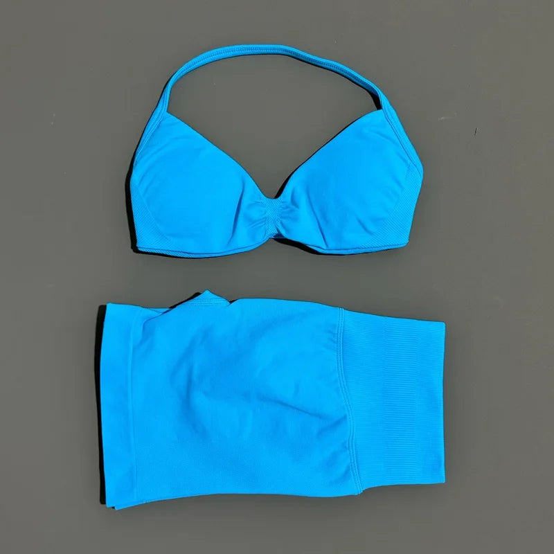 HISTELLO Gym Set 2 Piece Women Strappy Yoga Bra Top Workout Scrunch Shorts Sports Suit Fitness Clothes Seamless Yoga Set