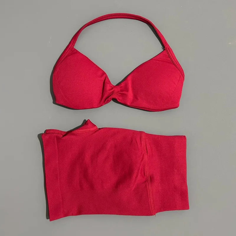 HISTELLO Gym Set 2 Piece Women Strappy Yoga Bra Top Workout Scrunch Shorts Sports Suit Fitness Clothes Seamless Yoga Set