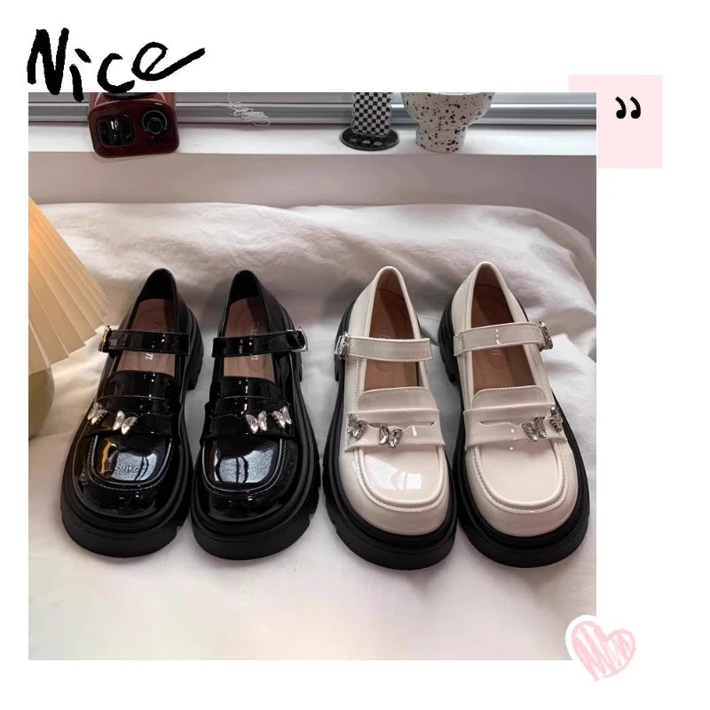 Girls Black Leather Shoes for Wedding Party School Opening Soft PU Bright Skin Kids Flats with Metal Butterfly Princess Sweet