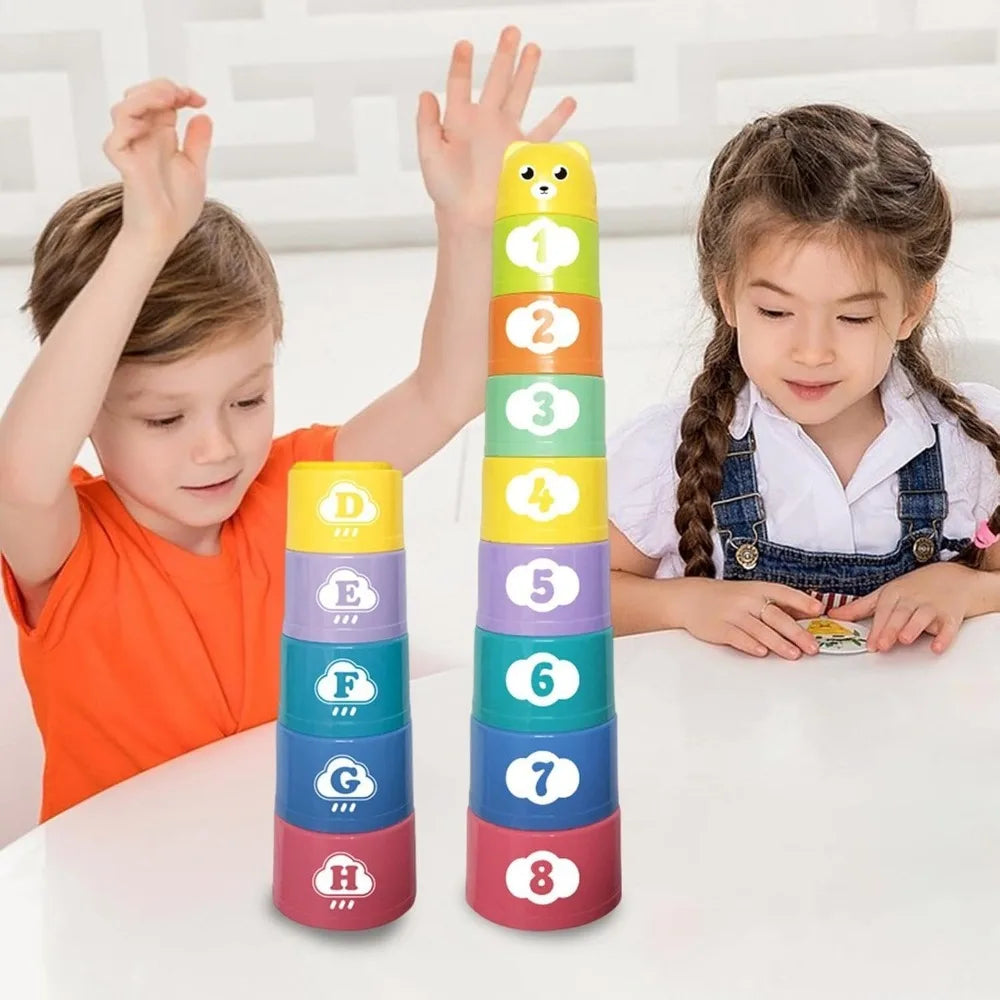 9PCS Stacking Cups Early Education Puzzle Stackable Rainbow Tower with Numbers Letters Shapes Fold Cup Child Stack Game