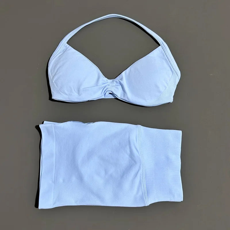 HISTELLO Gym Set 2 Piece Women Strappy Yoga Bra Top Workout Scrunch Shorts Sports Suit Fitness Clothes Seamless Yoga Set