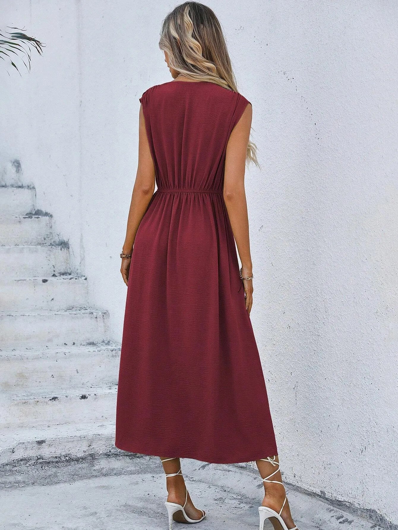 Women's Solid Color A-Line Dress Sleeveless Front Thin Straps Elegant Belted Midi Dress for Summer