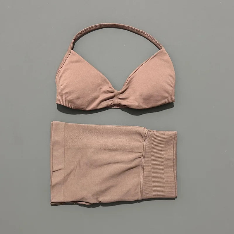 HISTELLO Gym Set 2 Piece Women Strappy Yoga Bra Top Workout Scrunch Shorts Sports Suit Fitness Clothes Seamless Yoga Set