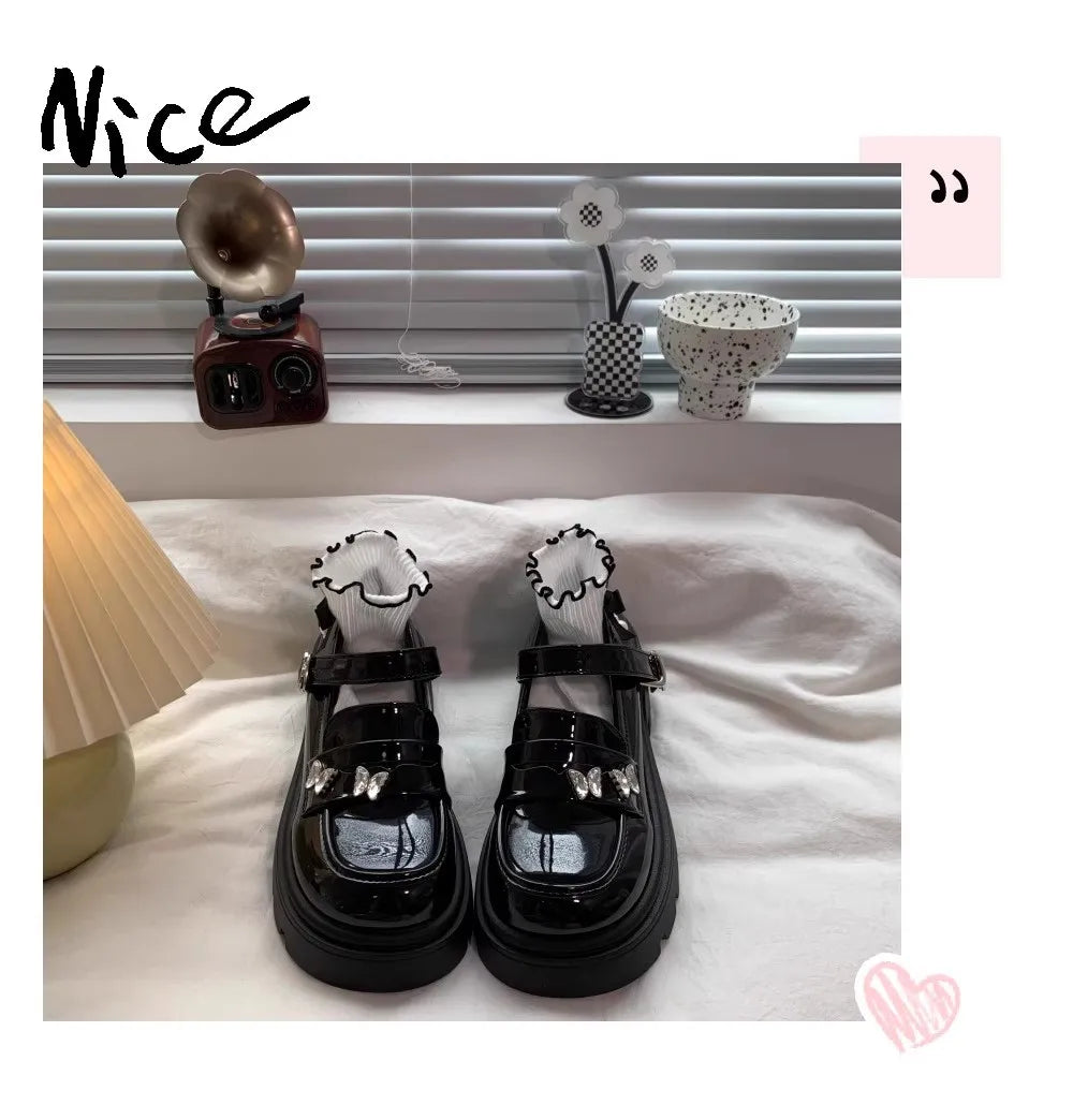 Girls Black Leather Shoes for Wedding Party School Opening Soft PU Bright Skin Kids Flats with Metal Butterfly Princess Sweet