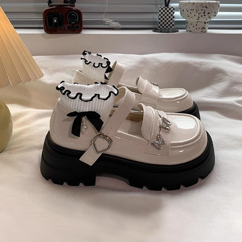 Girls Black Leather Shoes for Wedding Party School Opening Soft PU Bright Skin Kids Flats with Metal Butterfly Princess Sweet