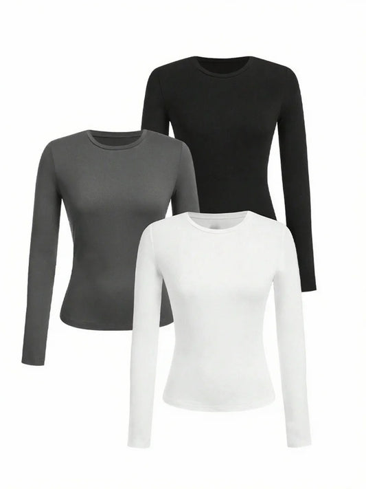 Women's solid-color long-sleeved T-shirt - Polyester knitted fabric, round neck, regular fit, fall-winter style
