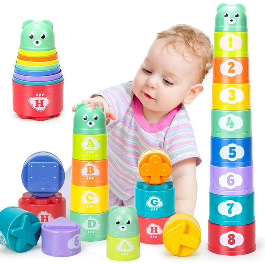 9PCS Stacking Cups Early Education Puzzle Stackable Rainbow Tower with Numbers Letters Shapes Fold Cup Child Stack Game