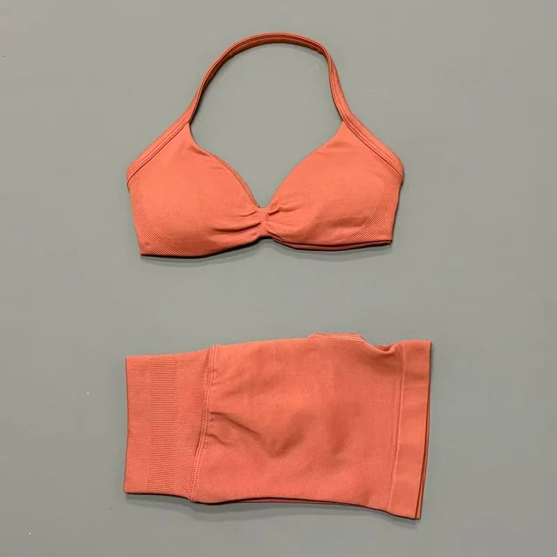HISTELLO Gym Set 2 Piece Women Strappy Yoga Bra Top Workout Scrunch Shorts Sports Suit Fitness Clothes Seamless Yoga Set