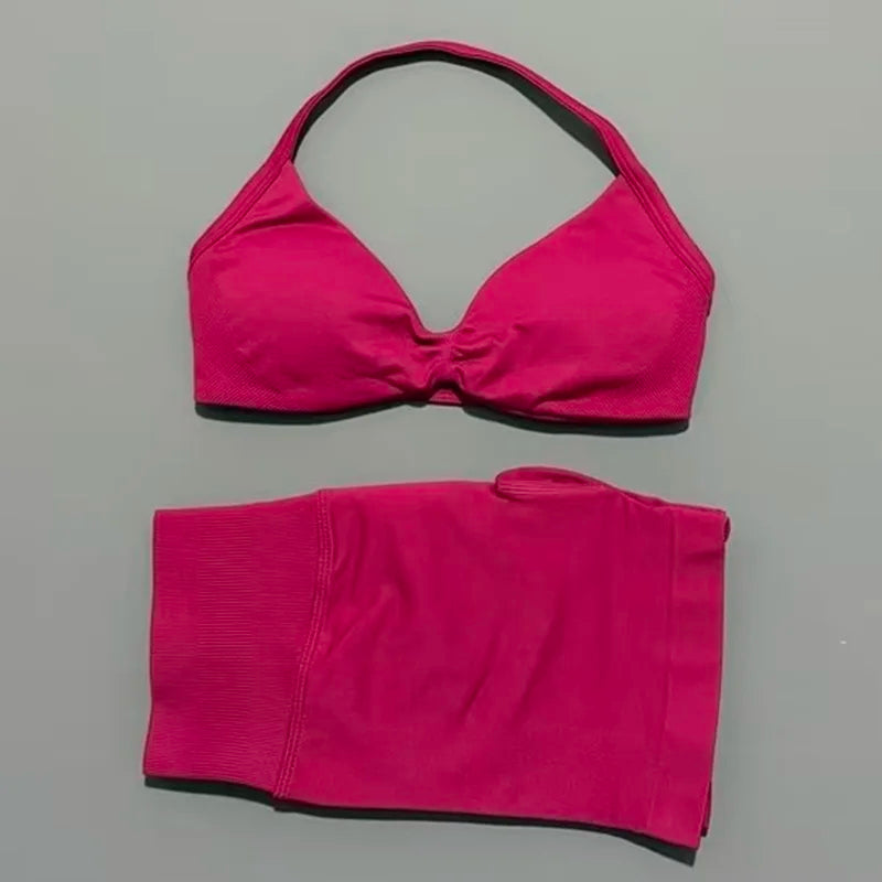 HISTELLO Gym Set 2 Piece Women Strappy Yoga Bra Top Workout Scrunch Shorts Sports Suit Fitness Clothes Seamless Yoga Set