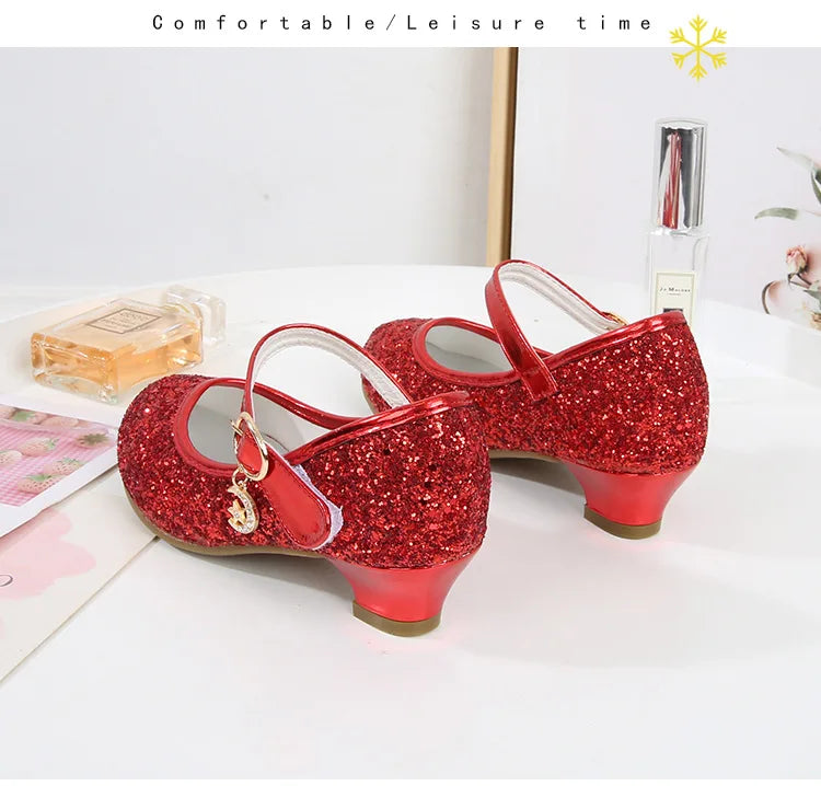 Girls Purple High Heels For Kids Princess RED Leather Shoe Footwear Children's Dress Party Wedding Shoes Round Toe 1-3CM