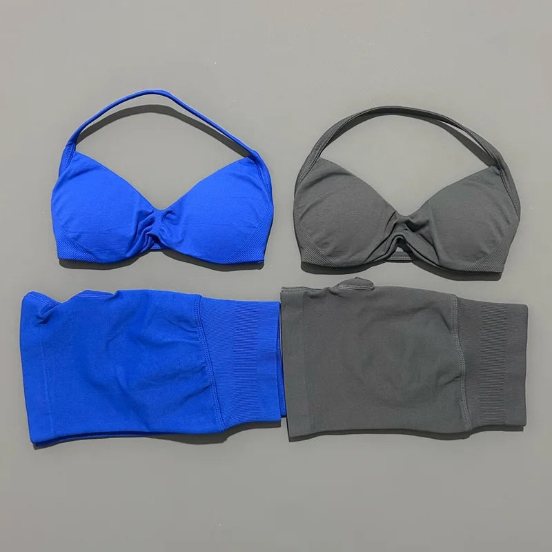 HISTELLO Gym Set 2 Piece Women Strappy Yoga Bra Top Workout Scrunch Shorts Sports Suit Fitness Clothes Seamless Yoga Set