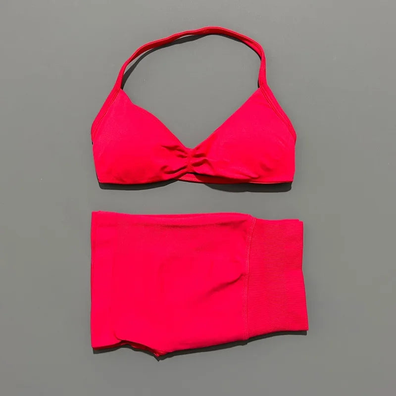 HISTELLO Gym Set 2 Piece Women Strappy Yoga Bra Top Workout Scrunch Shorts Sports Suit Fitness Clothes Seamless Yoga Set