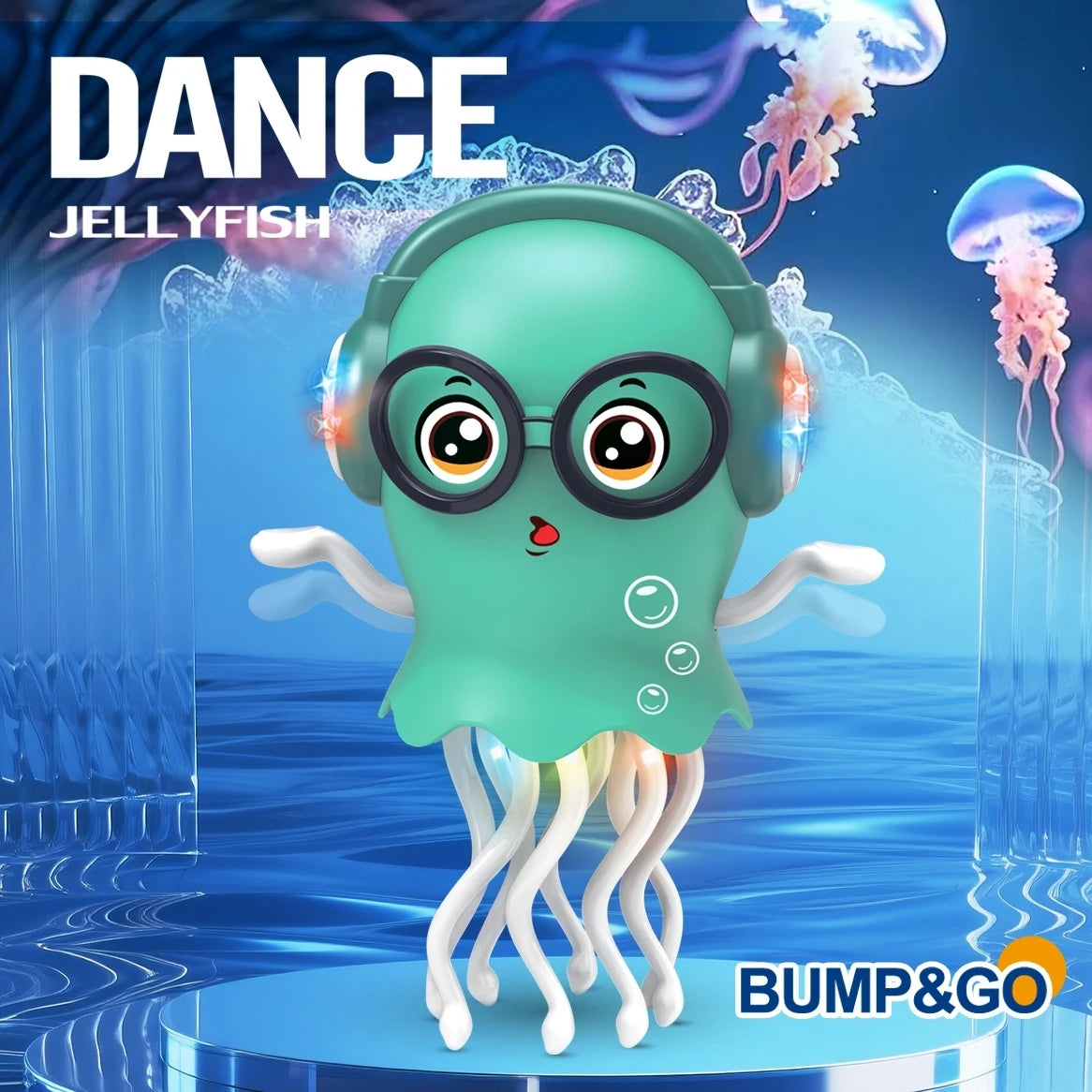 An electrically-powered crawling dancing jellyfish toy, an octopus with automatic obstacle sensor, intelligent LED lights and mu